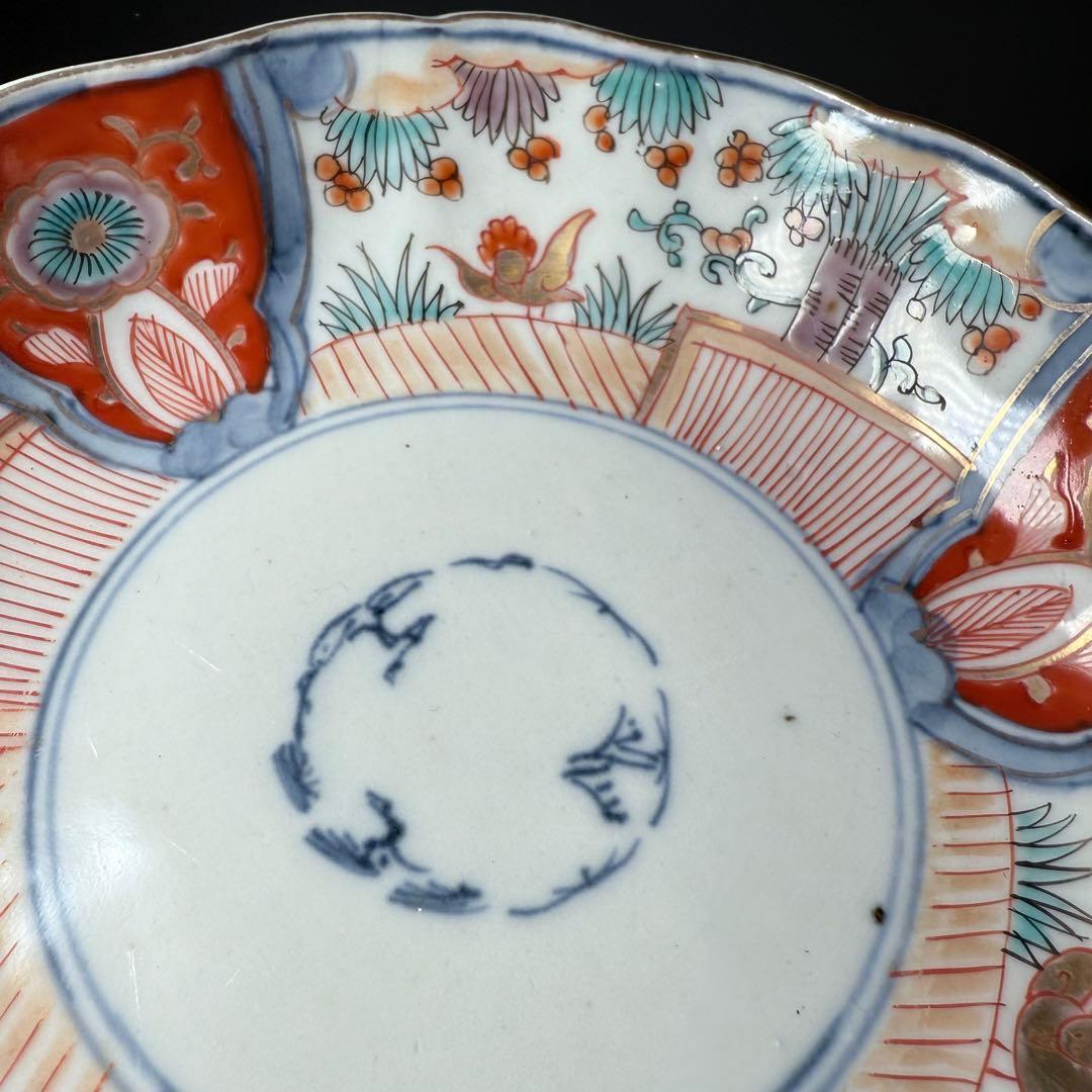 古伊万里　色絵花鳥図輪花形膾皿　松竹梅　裏巻物文様　江戸期　金蘭手　最後の五点