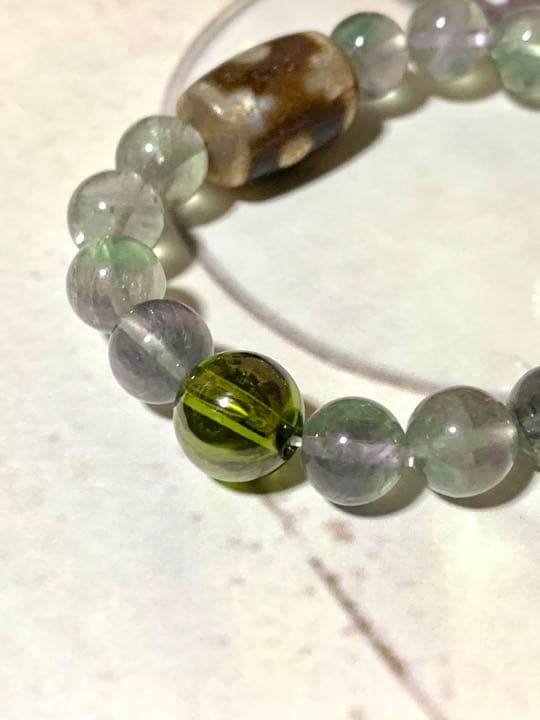 イエロー、グリーン龍王眼　曼荼羅天珠ブレスレット　No.11 フローライト