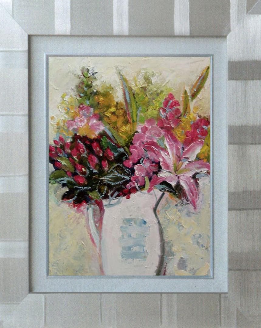 油絵 菅家令子 絵 絵画インテリア額付(青緑＋金色の枠) uF6-112302花