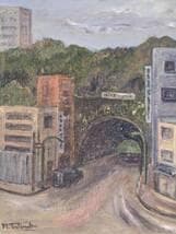 【真作】絵画　油彩6号　アーチのある街角風景　都市の小路と緑の丘　Y177