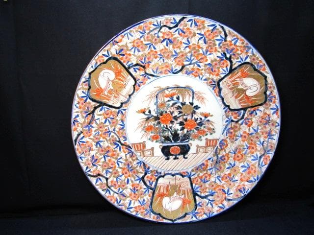 古伊万里大皿　金彩色絵　櫻花尽　見込花篭 鷺　冨貴長春 径46cm 江戸後期