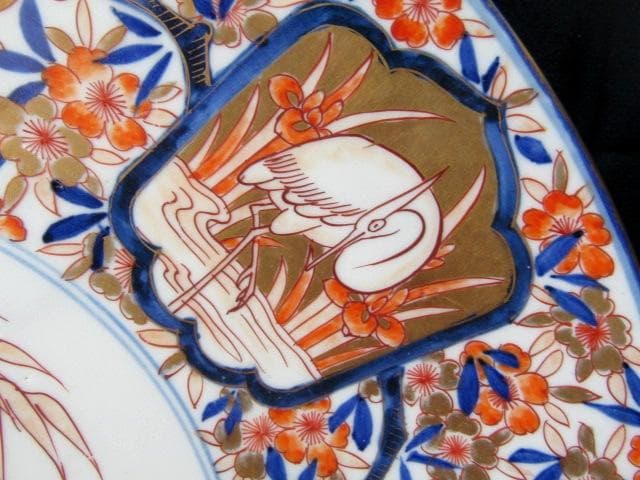 古伊万里大皿　金彩色絵　櫻花尽　見込花篭 鷺　冨貴長春 径46cm 江戸後期