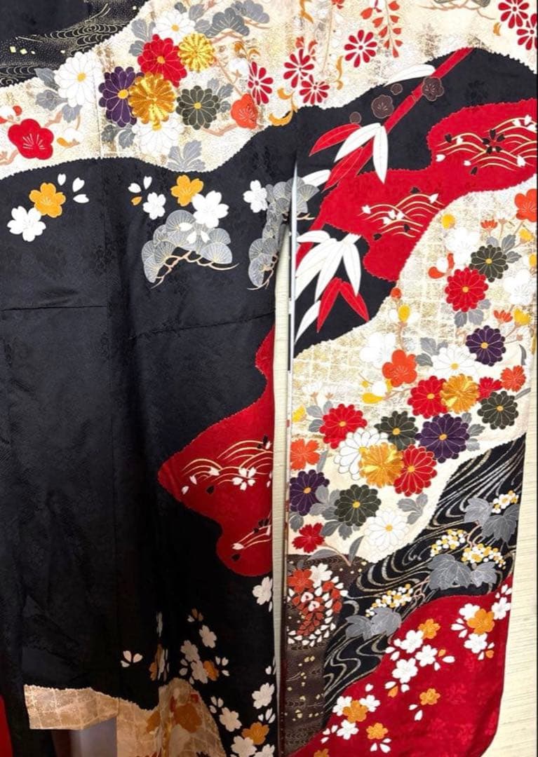 黒✕赤 松竹梅 四季の花々 振袖 身丈162