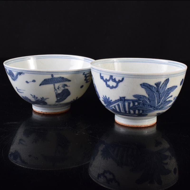 金山　中国　大明萬暦年製　青花山水人物文茶碗　2点　C　8164E