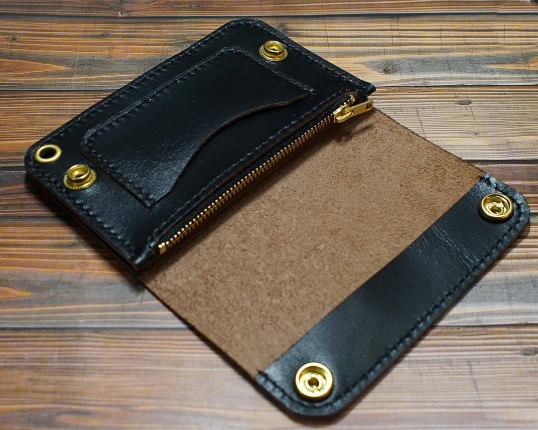 ミドルトラッカーウォレット　三層　馬革 茶芯ブラック　真鍮 トラッカーウォレット