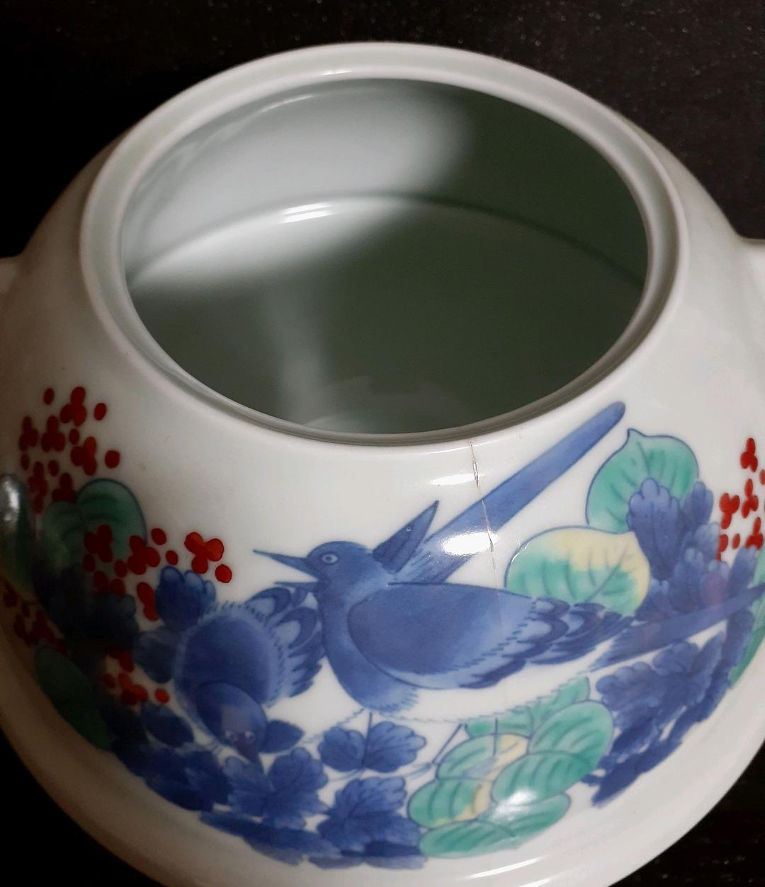 【本物保証】江戸時代中期　盛期色鍋島　鶺鴒(せきれい)図　鬼面　茶釜花入　官窯