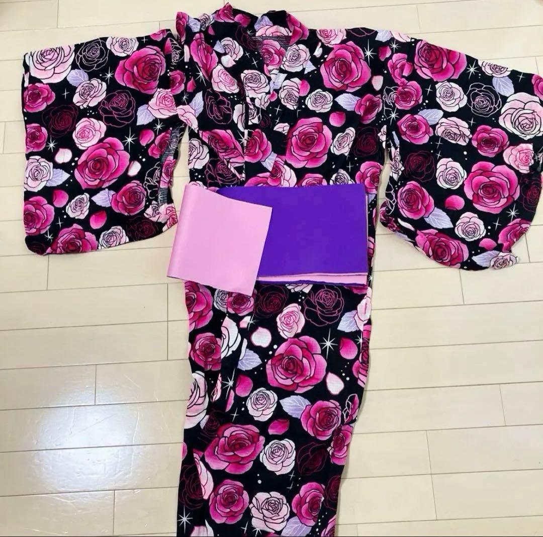 【8/2まで】薔薇 モダン 浴衣 着物 ピンク ギャル 帯付き