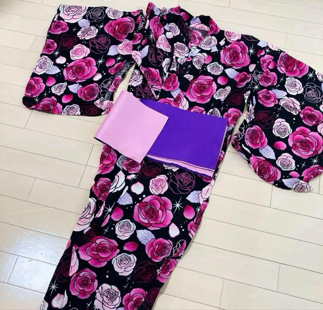 【8/2まで】薔薇 モダン 浴衣 着物 ピンク ギャル 帯付き