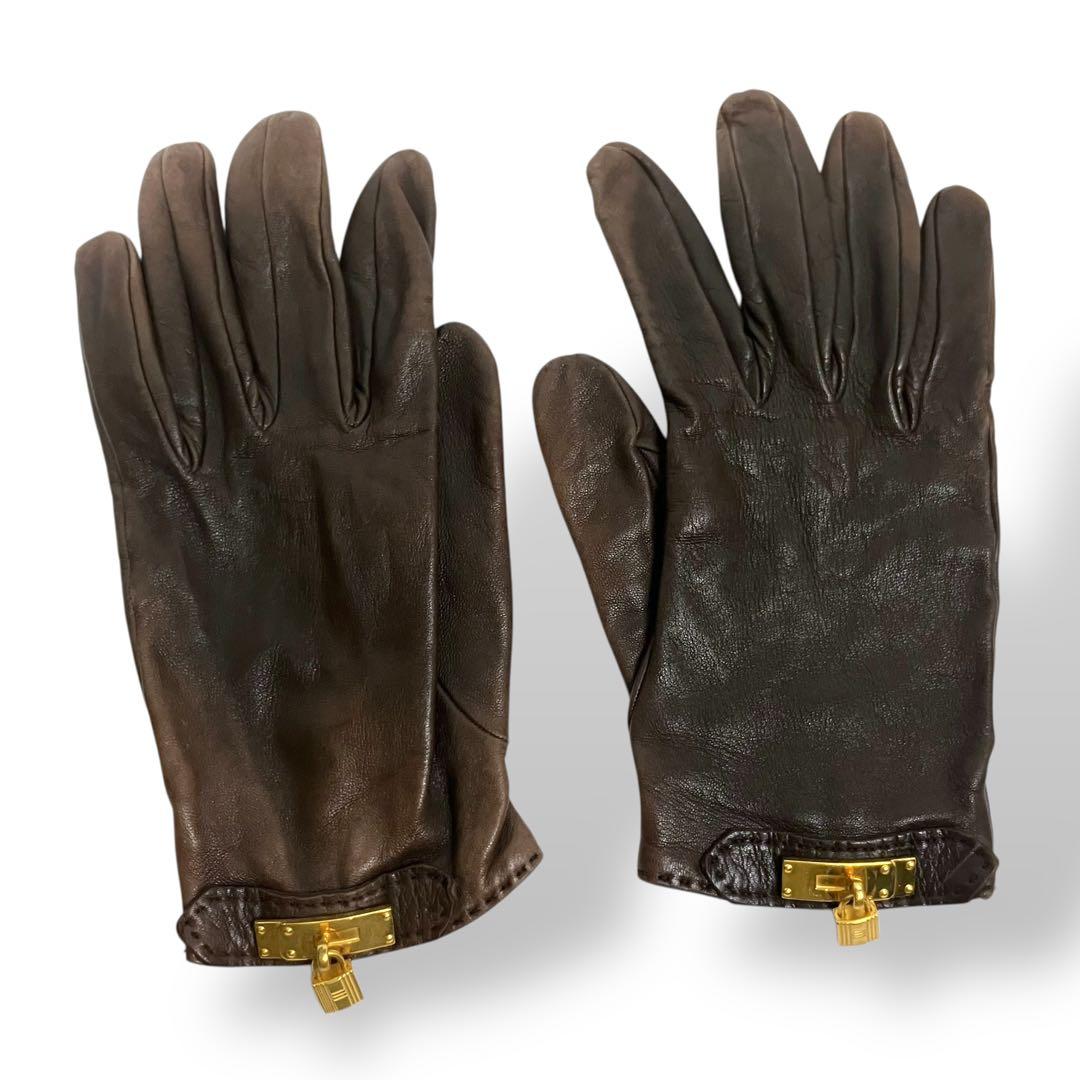 HERMES エルメス 手袋 グローブ ケリー ダークブラウン レザー サイズ7