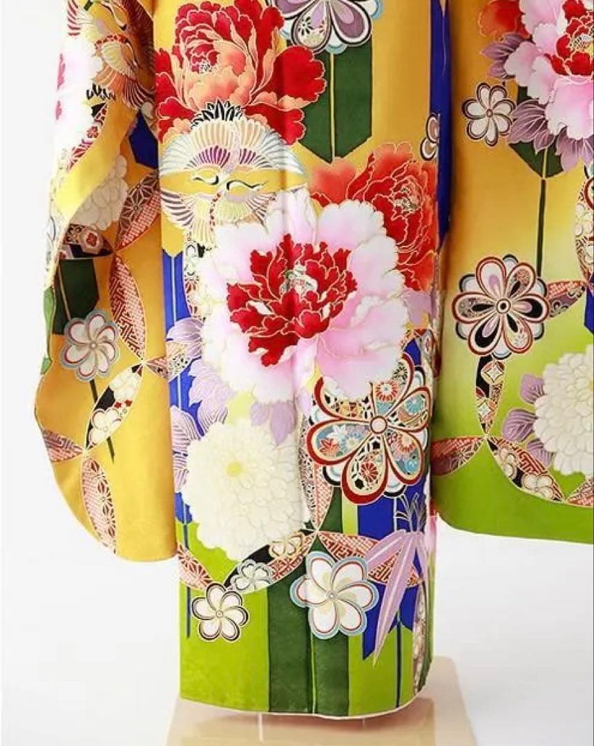 振袖 身長158-173cm 黄 矢絣 牡丹 松竹梅 正絹