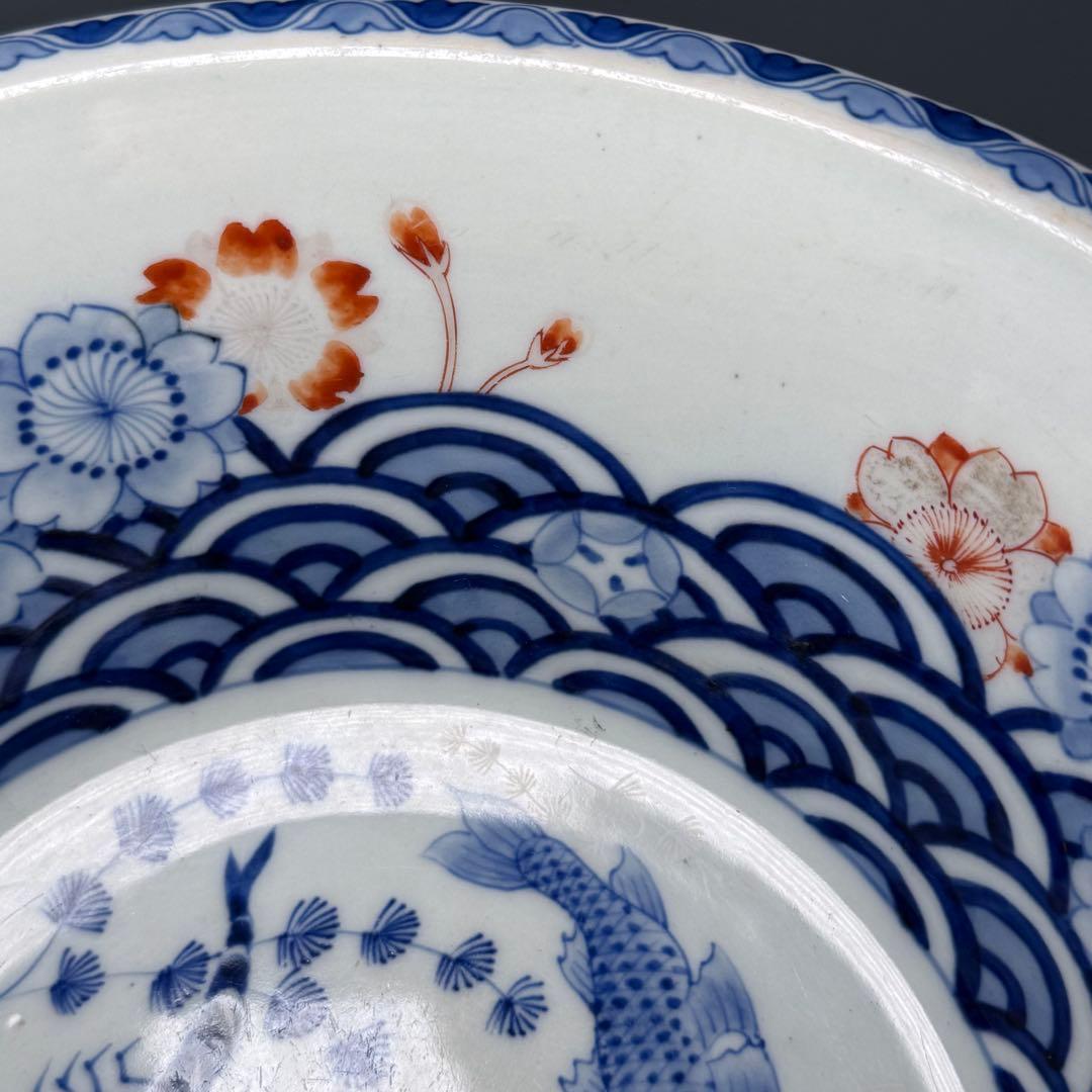 幕末〜明治期　染錦　大鉢　川海老　青海波　桜文様　鳥に松竹梅　二重高台　金魚鉢