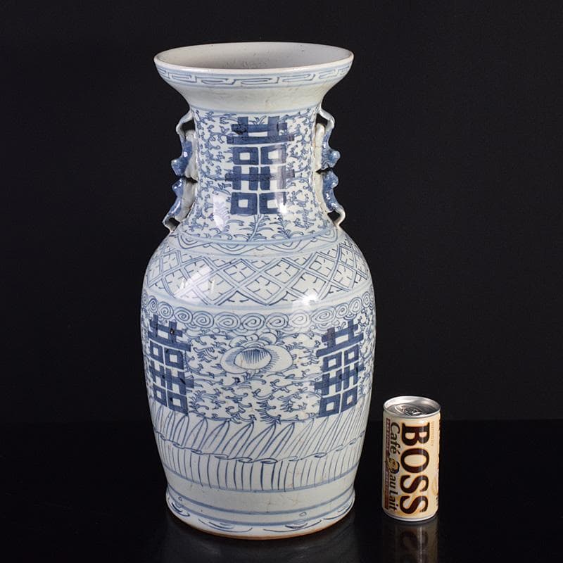 中国　青花　喜字文雙耳瓶　高さ約42.5㎝　V　R7762B