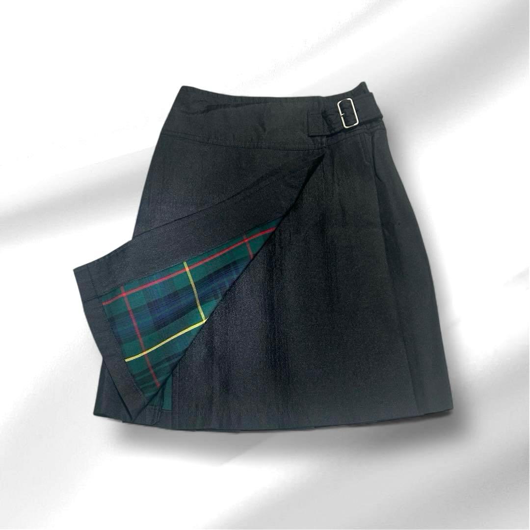 [o]オールシーズン膝丈　 チェック 変形プリーツスカート　S
