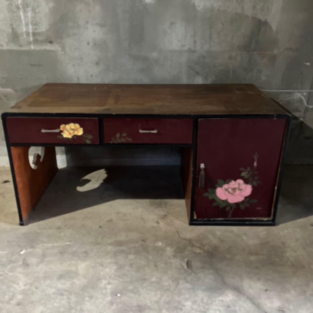 昭和レトロ 文机 花柄 デスク テーブル 薔薇 時代物 片袖 座机 ローテーブル