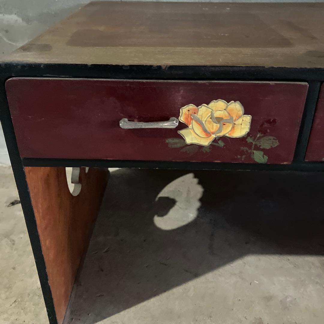 昭和レトロ 文机 花柄 デスク テーブル 薔薇 時代物 片袖 座机 ローテーブル