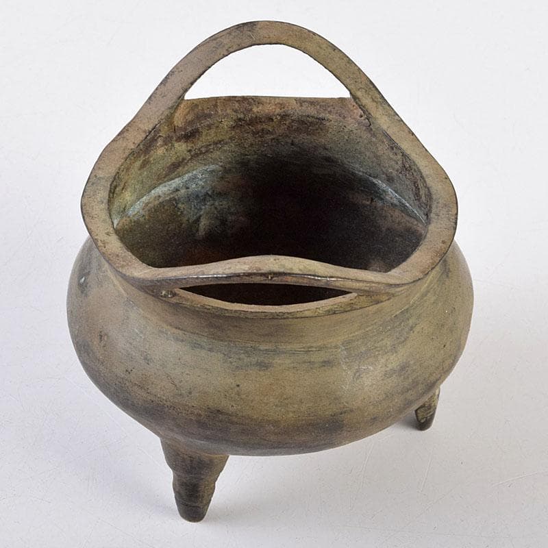 中国　大明宣徳年製　古銅　三足沖耳爐　香炉　時代箱付　M　R9196