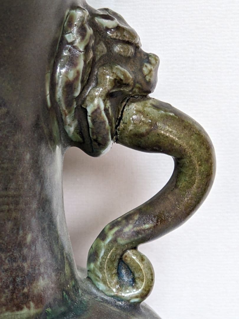 ♦中国陶磁 海鼠釉？辰砂 神獣飾り双耳 尊形花瓶 壺 瓶 古玩 古美術 骨董品