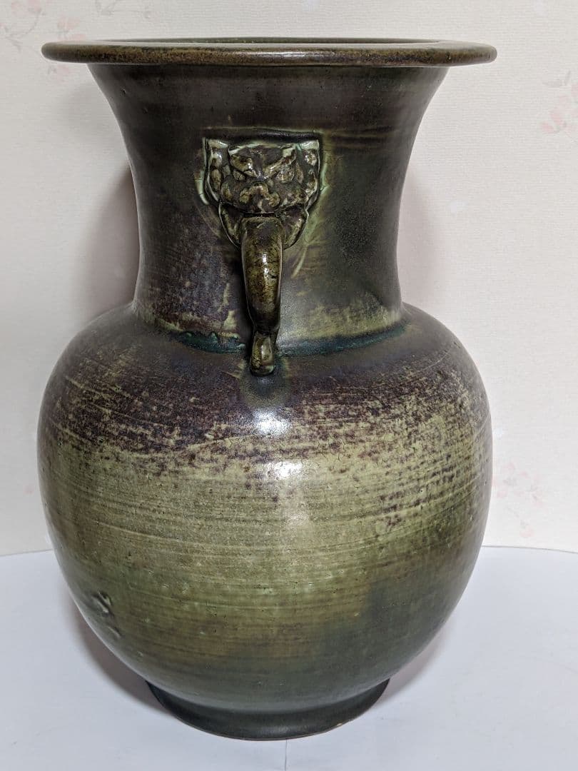 ♦中国陶磁 海鼠釉？辰砂 神獣飾り双耳 尊形花瓶 壺 瓶 古玩 古美術 骨董品