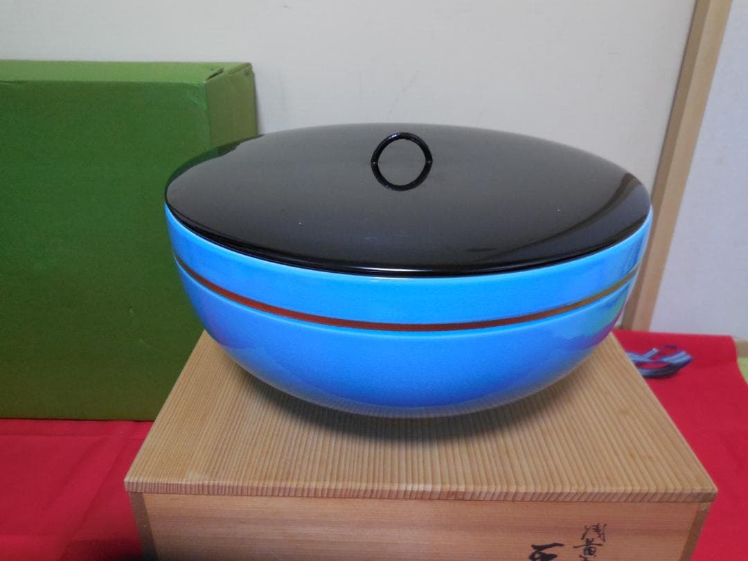 茶道具　　手塚桃峰 　浅黄交趾　　平水指　塗蓋8寸　共布共箱・しおり