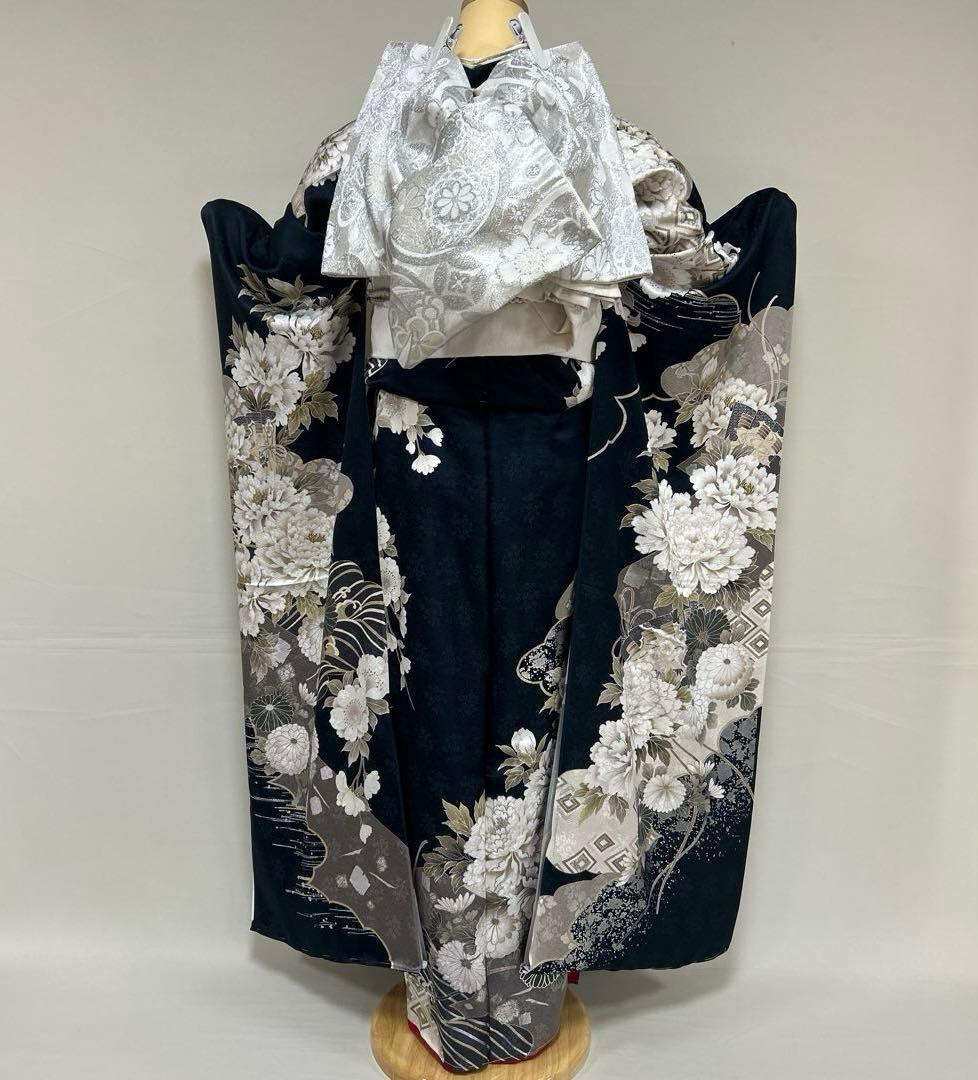 濃紺牡丹と菊の上品な古典振袖フルセット