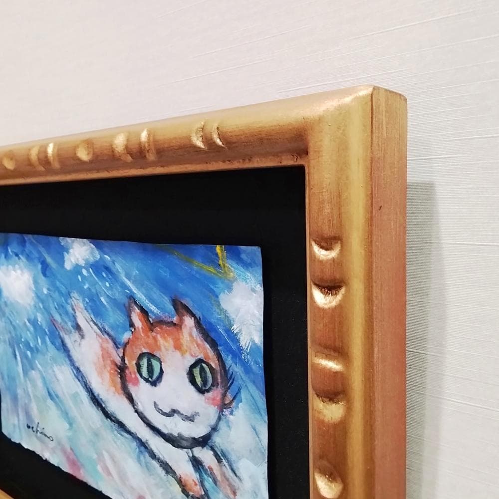 内野隆文　雨とネコダッシュ　絵画　現代アート　猫　ドローイング　額縁　真作