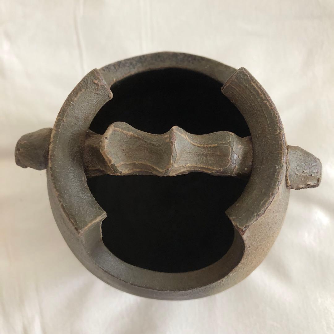 備前焼　花器　桟切　手桶型　刻印あり　一点物　工芸品