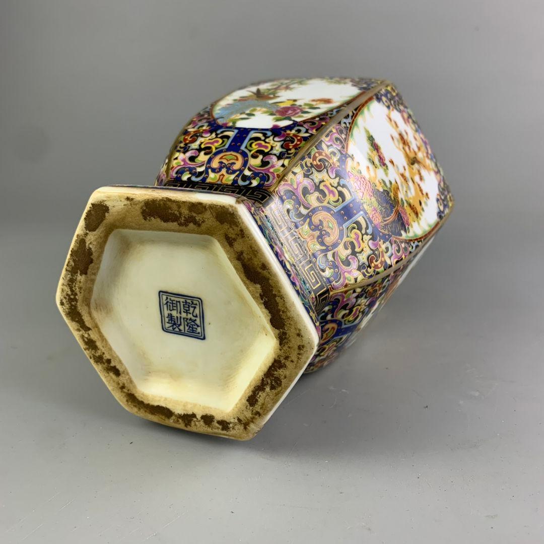 琺瑯彩蒔花鳥六方花瓶 景徳鎮 陶磁器 装飾品 工芸品 置物