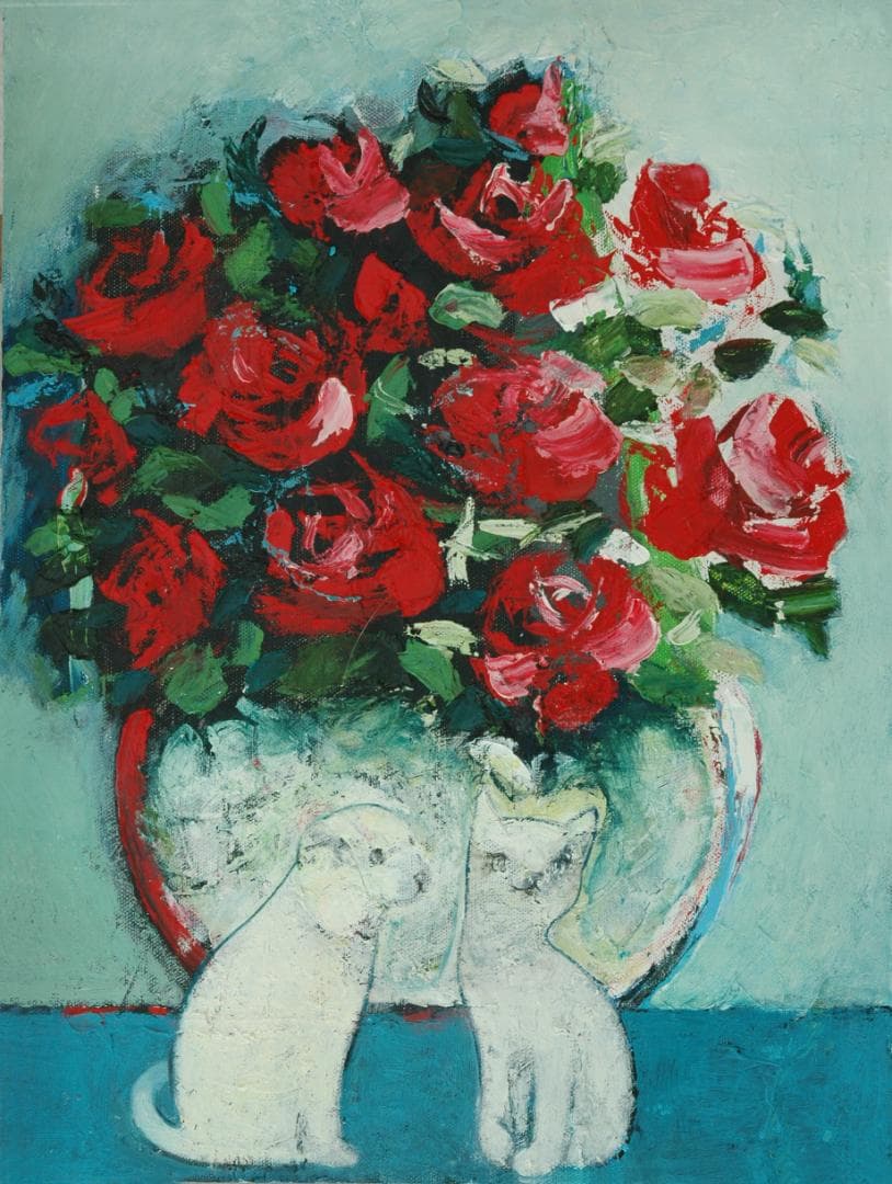 油絵 菅家令子 絵 絵画インテリア額付(白) uF6-070619 子猫と子犬