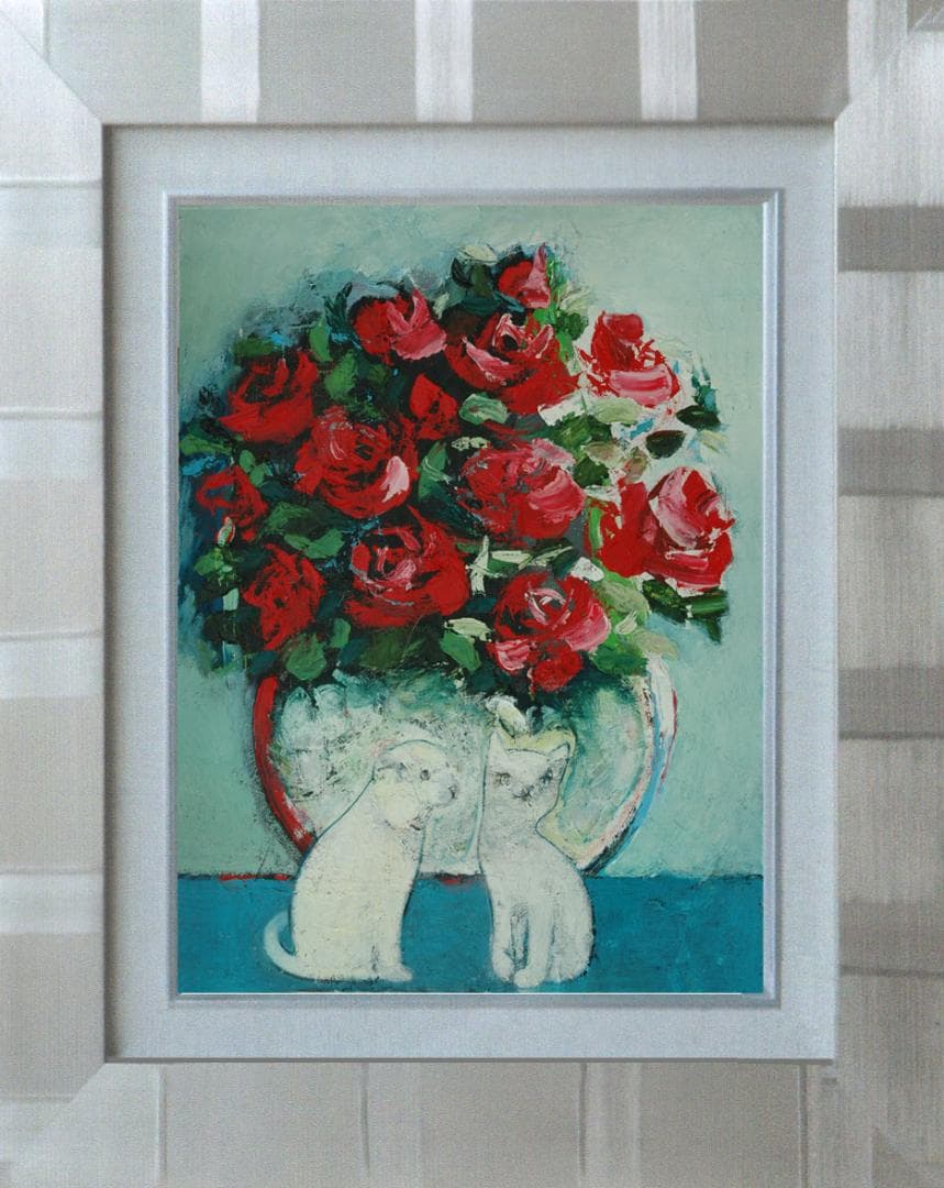 油絵 菅家令子 絵 絵画インテリア額付(白) uF6-070619 子猫と子犬