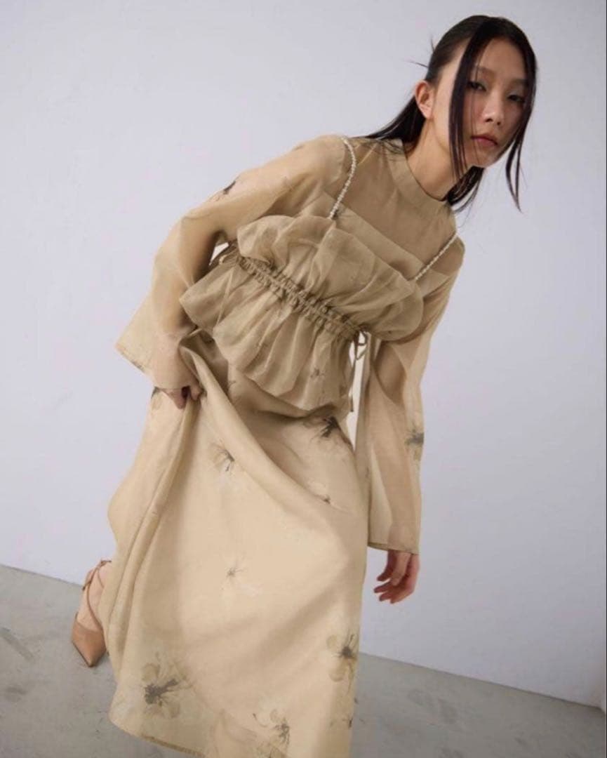 willfullyベージュ フリル付き ロングドレス