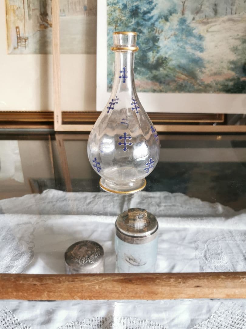 アンティーク ロレーヌ十字☨ エナメル碧 手描き金彩クリスタルデキャンタ