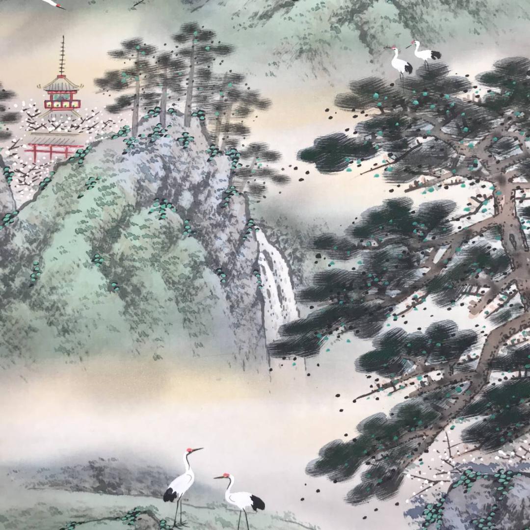 【真作】坂本楽山人/蓬莱山図/祝事山水図/横物/掛軸☆宝船☆AB-640