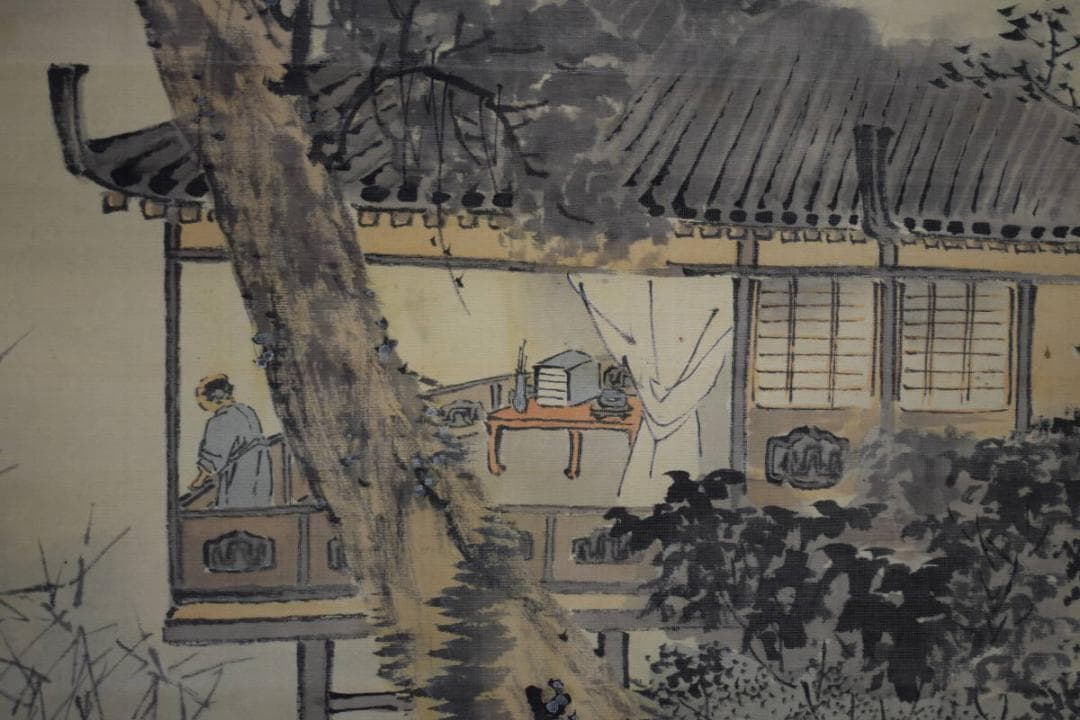 真作/森寛斎/明月杜鵑図/楼閣図/桐題箱付/布袋屋掛軸HH-108