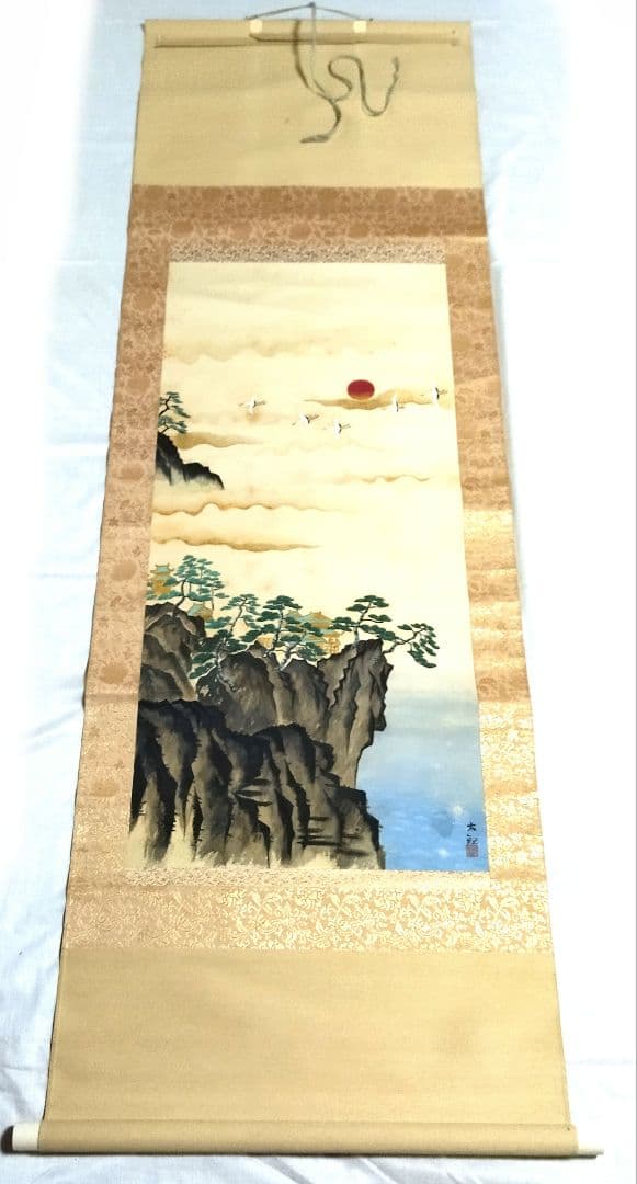 模写　掛軸　横山大観　朝島鶴　共箱有　骨董