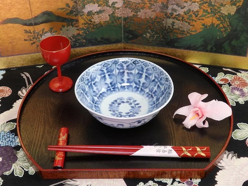 古伊万里　染付　牡丹葉繋ぎ紋　膾皿　春寒鉢　江戸期　C617AS-CVp