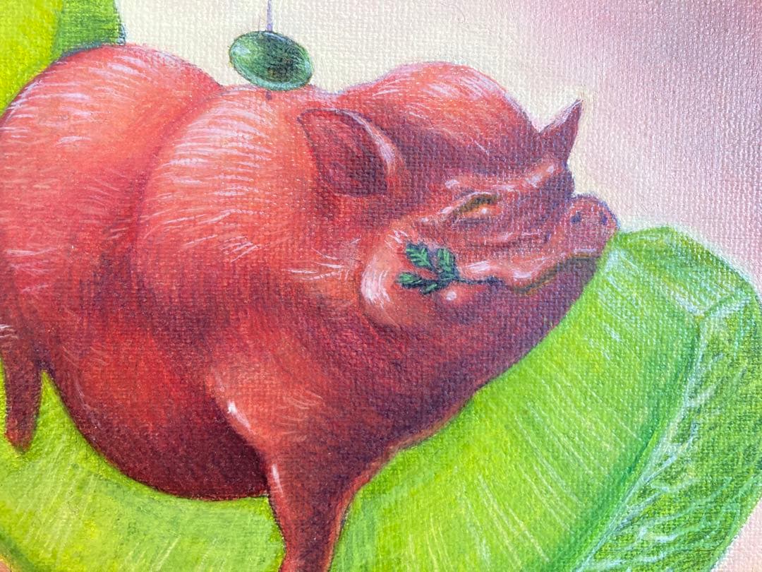 生ハムメロン　新人画家　大塚麻世 油彩 絵画 豚　メロン　油絵　動物絵　油絵