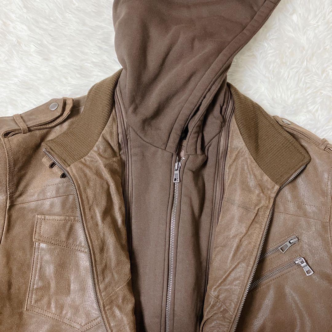 【希少】FLAVOR☆フード付 レザー ボマージャケット ライダース 茶色 XL