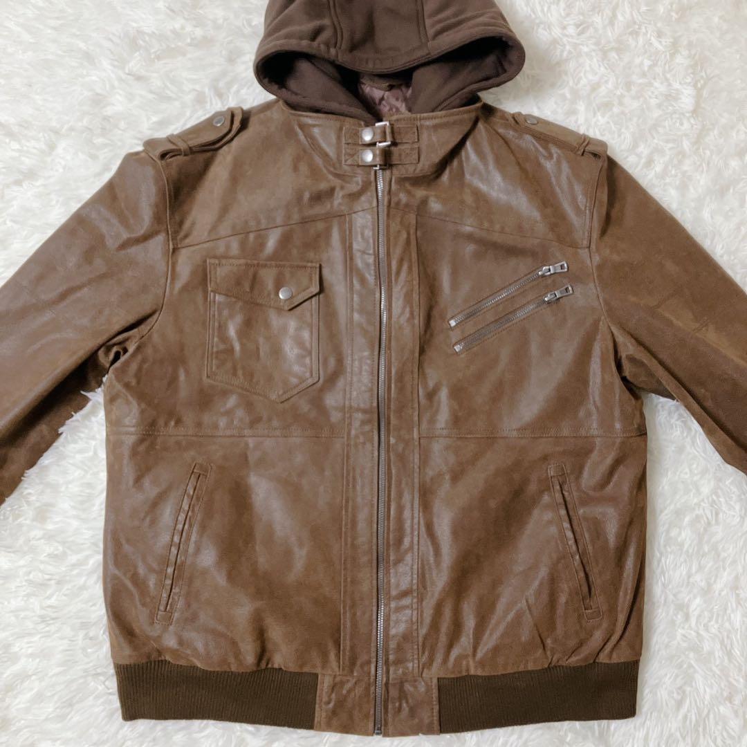 【希少】FLAVOR☆フード付 レザー ボマージャケット ライダース 茶色 XL