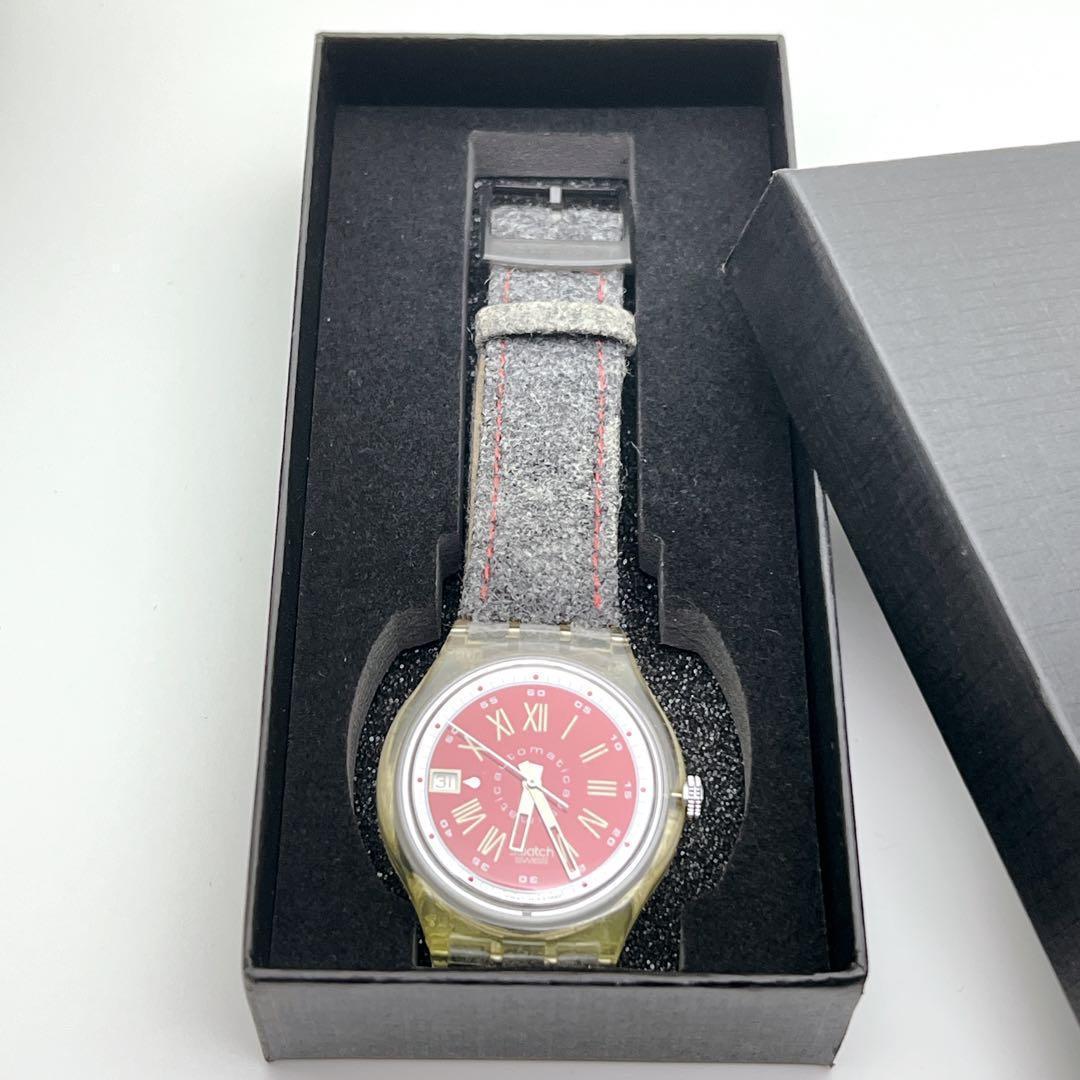 【希少】スウォッチ 自動巻き 23石 裏スケルトン 赤文字盤 腕時計 デイト