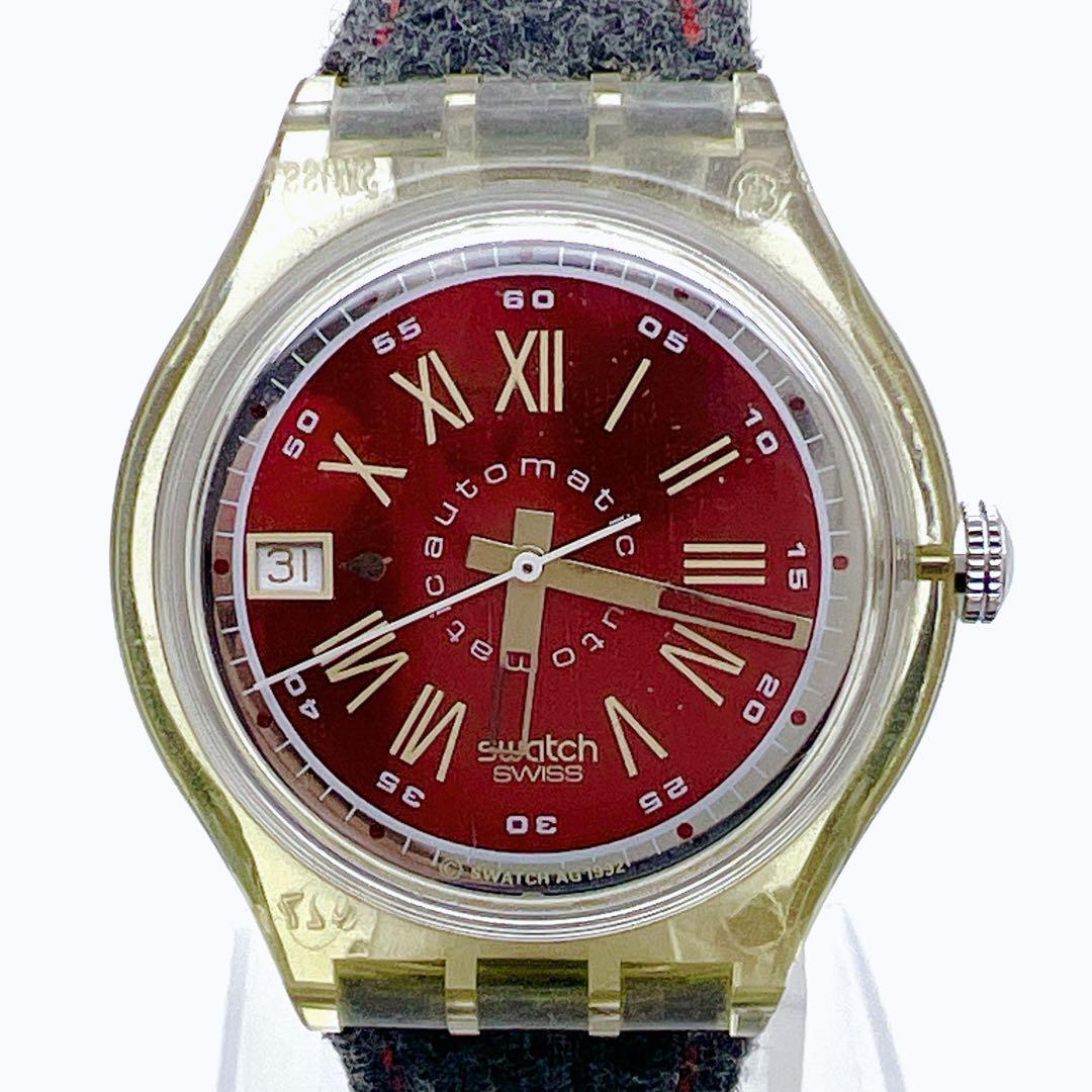 【希少】スウォッチ 自動巻き 23石 裏スケルトン 赤文字盤 腕時計 デイト