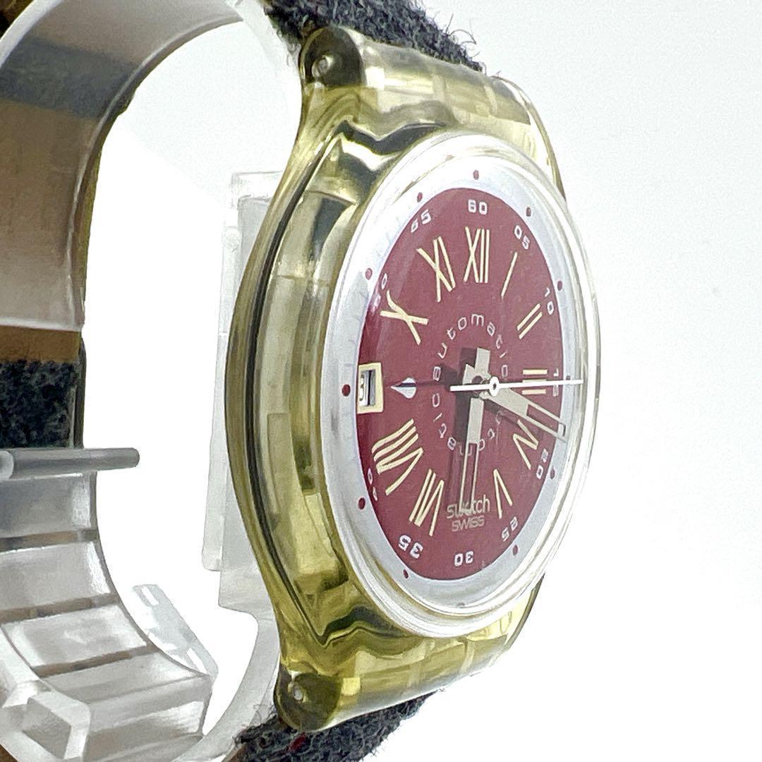 【希少】スウォッチ 自動巻き 23石 裏スケルトン 赤文字盤 腕時計 デイト