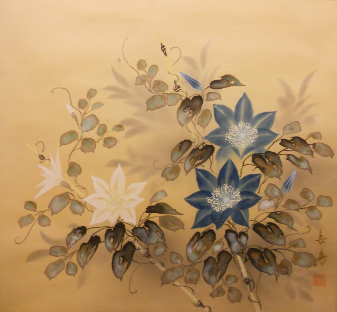 掛け軸 舟越長嘉 『 鉄線花 』 中島清堂 識箱 絹本 希少 茶道具 掛軸 美品