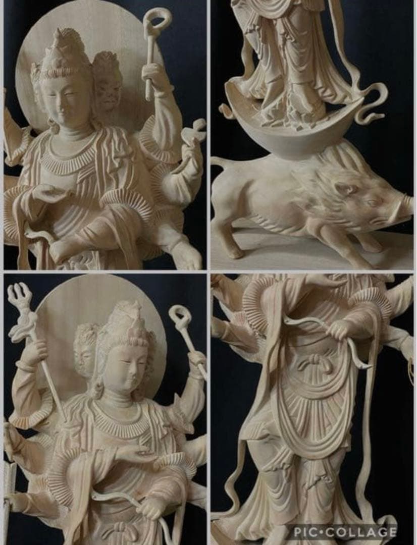 高57cm　井波彫刻　仏教工芸品　楠材　仏師で仕上げ品　護法善神 摩利支天立像