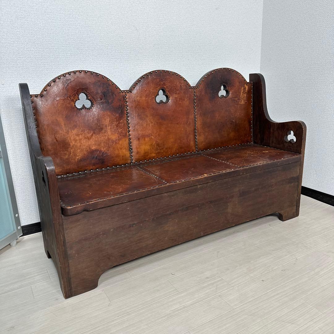 英国 アンティーク チャーチベンチ 木製 レザーシート 単鋲 iso※