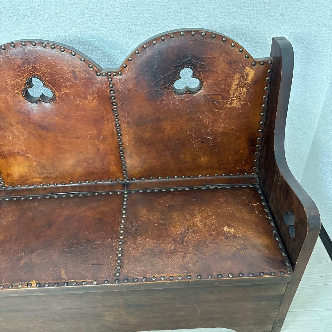 英国 アンティーク チャーチベンチ 木製 レザーシート 単鋲 iso※