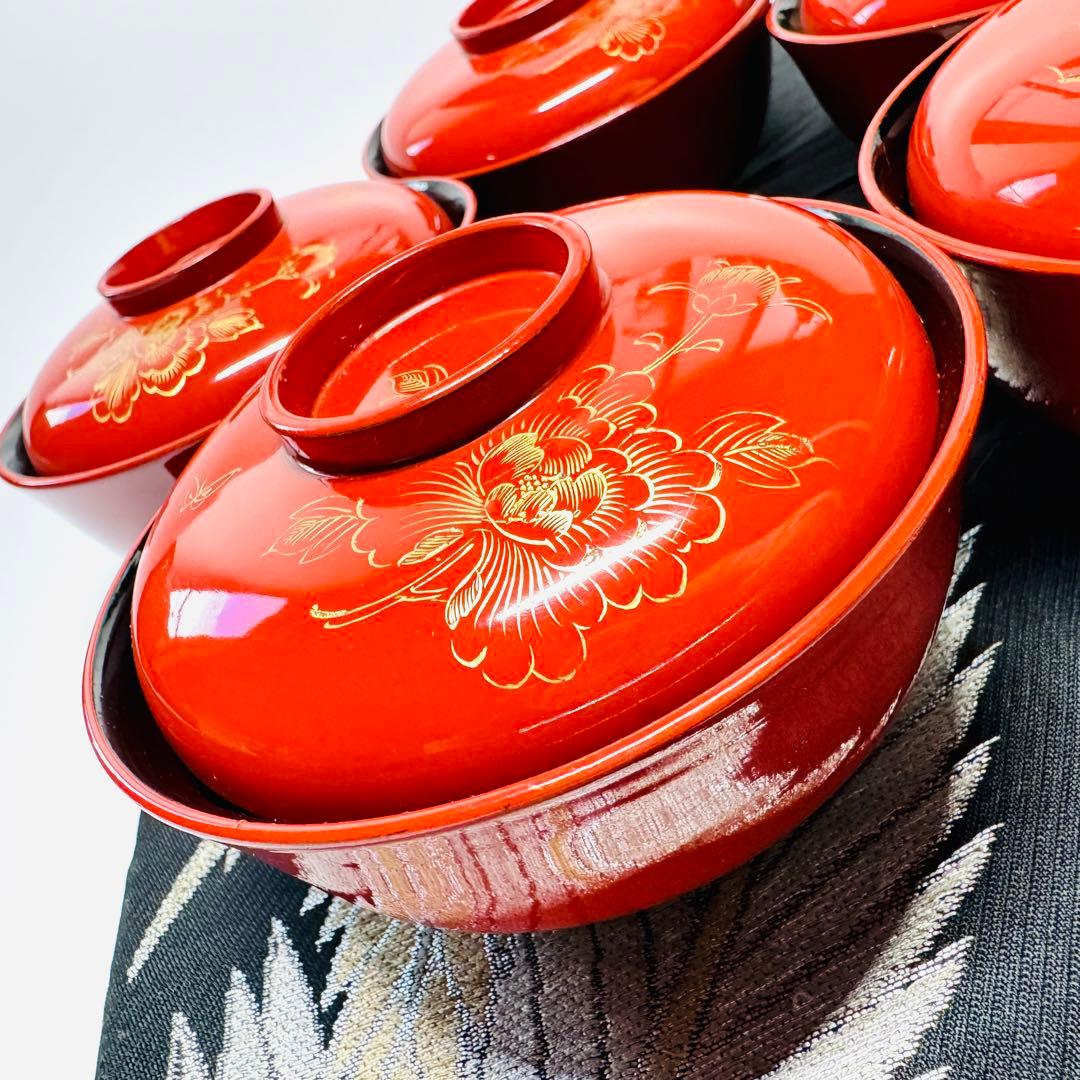 漆器　輪島塗　木製　彫り牡丹文　蒔絵　蓋付椀　汁椀　5客　時代物