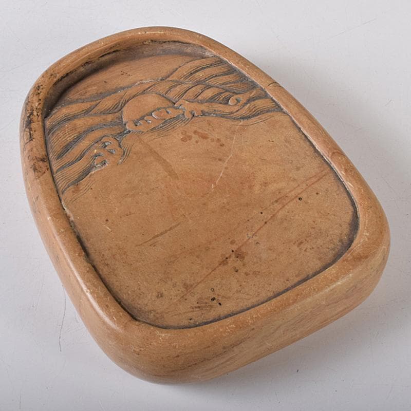 中国　書道具　日の出波刻　黄澄泥硯　C　R8324