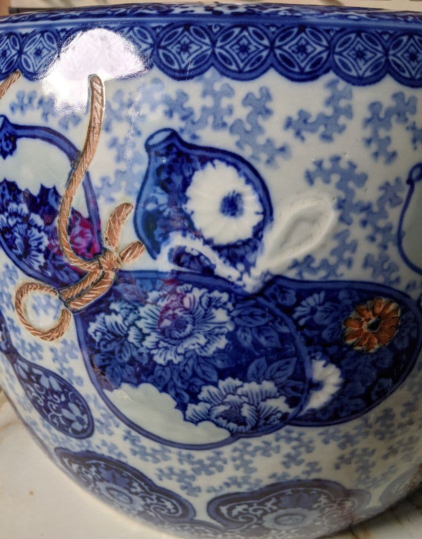 染め付け火鉢　瓢箪柄　鉢カバー　他用途鉢　伊万里　最大径47cm　レトロ【美品】