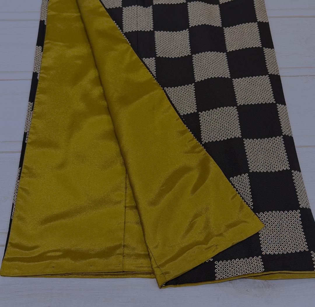 専用:着物５　嵐山よしむら　市松柄袷着物　こげ茶　正絹　身丈１６８裄丈６８