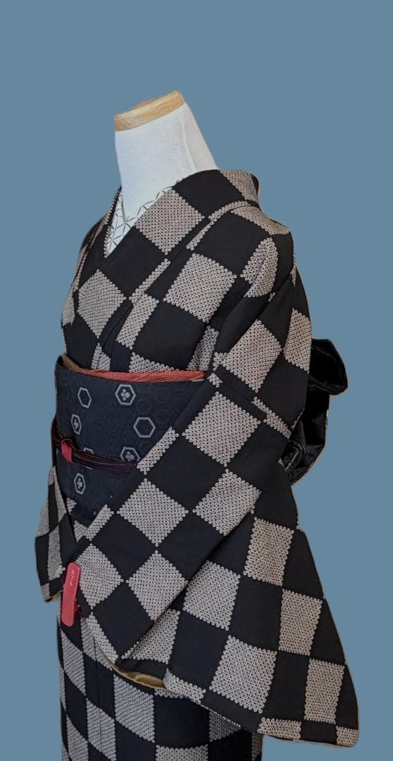 専用:着物５　嵐山よしむら　市松柄袷着物　こげ茶　正絹　身丈１６８裄丈６８